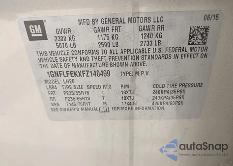 2015 Chevrolet Equinox 1Lt из США, поврежденный, VIN 1GNFLFEKXFZ140499